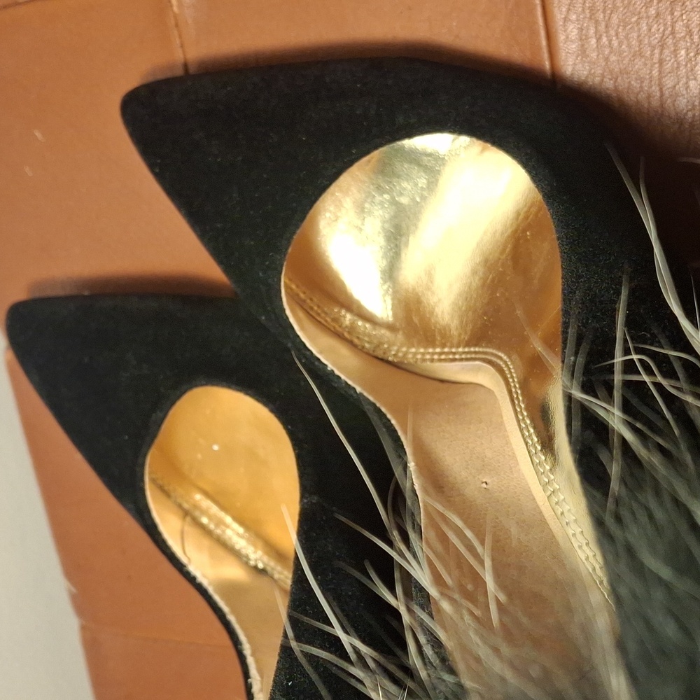 Black Fur-Trim Velvet High Heel Pumps - Women's Elegant Evening Shoes - Picture 6 of 9